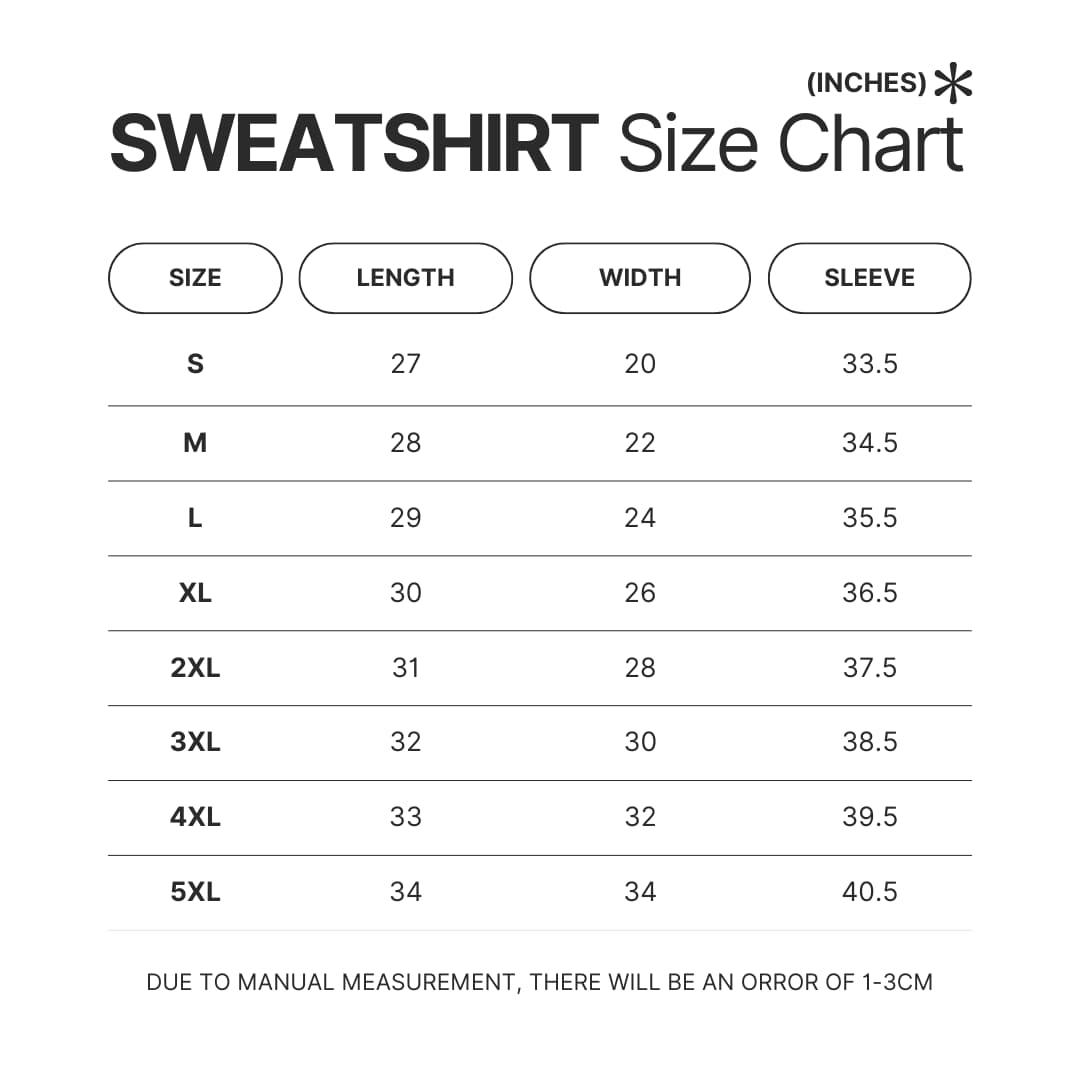 Sweatshirt Size Chart - Mob Psycho 100 Merchandise