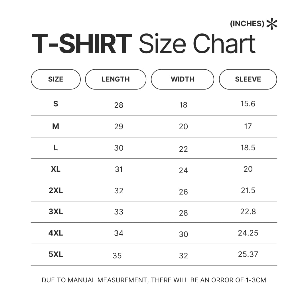 T shirt Size Chart - Mob Psycho 100 Merchandise